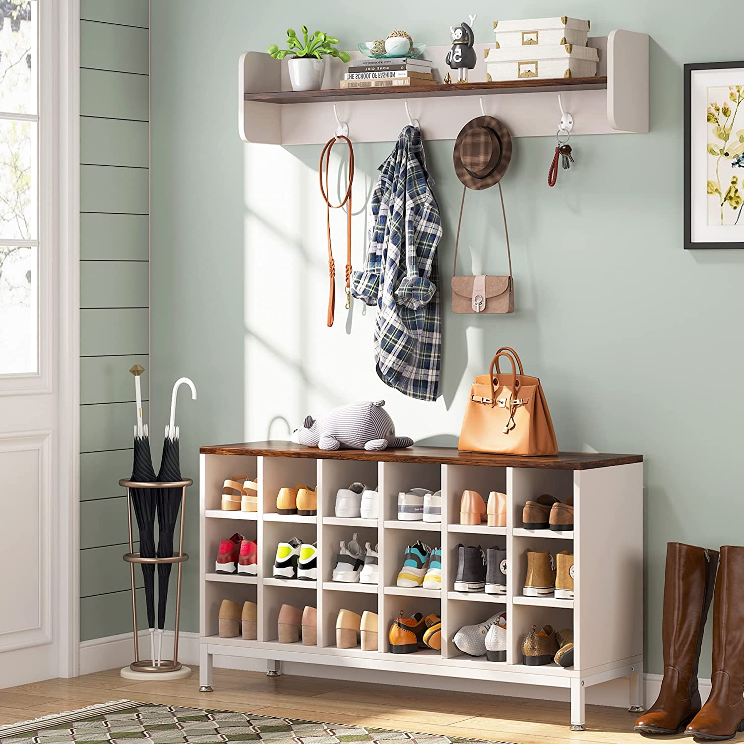 Tribesigns Coat Rack Shoe Bench Set, Hall Tree with Bench and 18 Shoe Cubbies