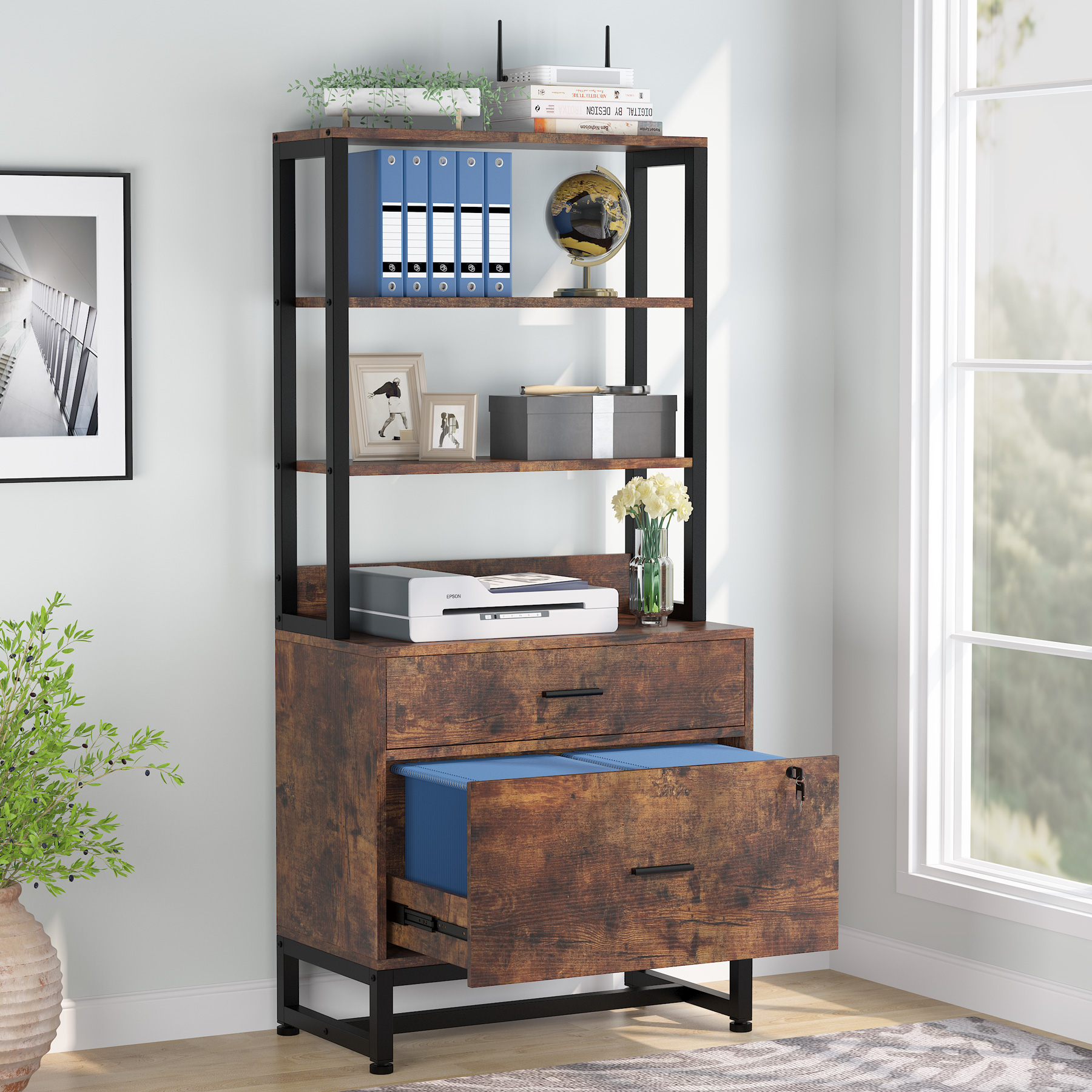 Tribesigns 2-Drawer File Cabinet, Vertical Filing Cabinet with Lock & Bookshelf