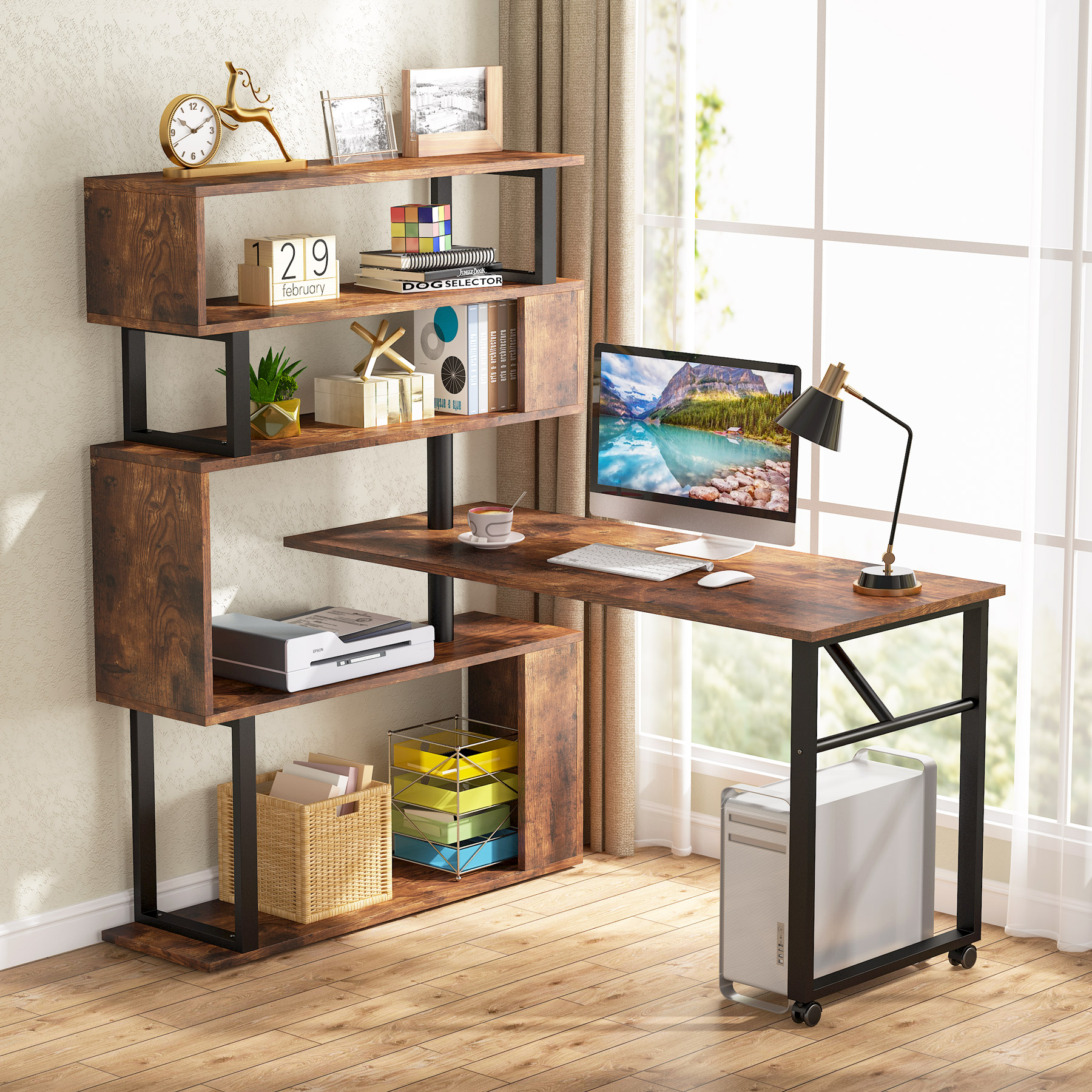 Tribesigns Rotating Desk with 5-Tier Bookshelf, Reversible Computer Desk with Wheels