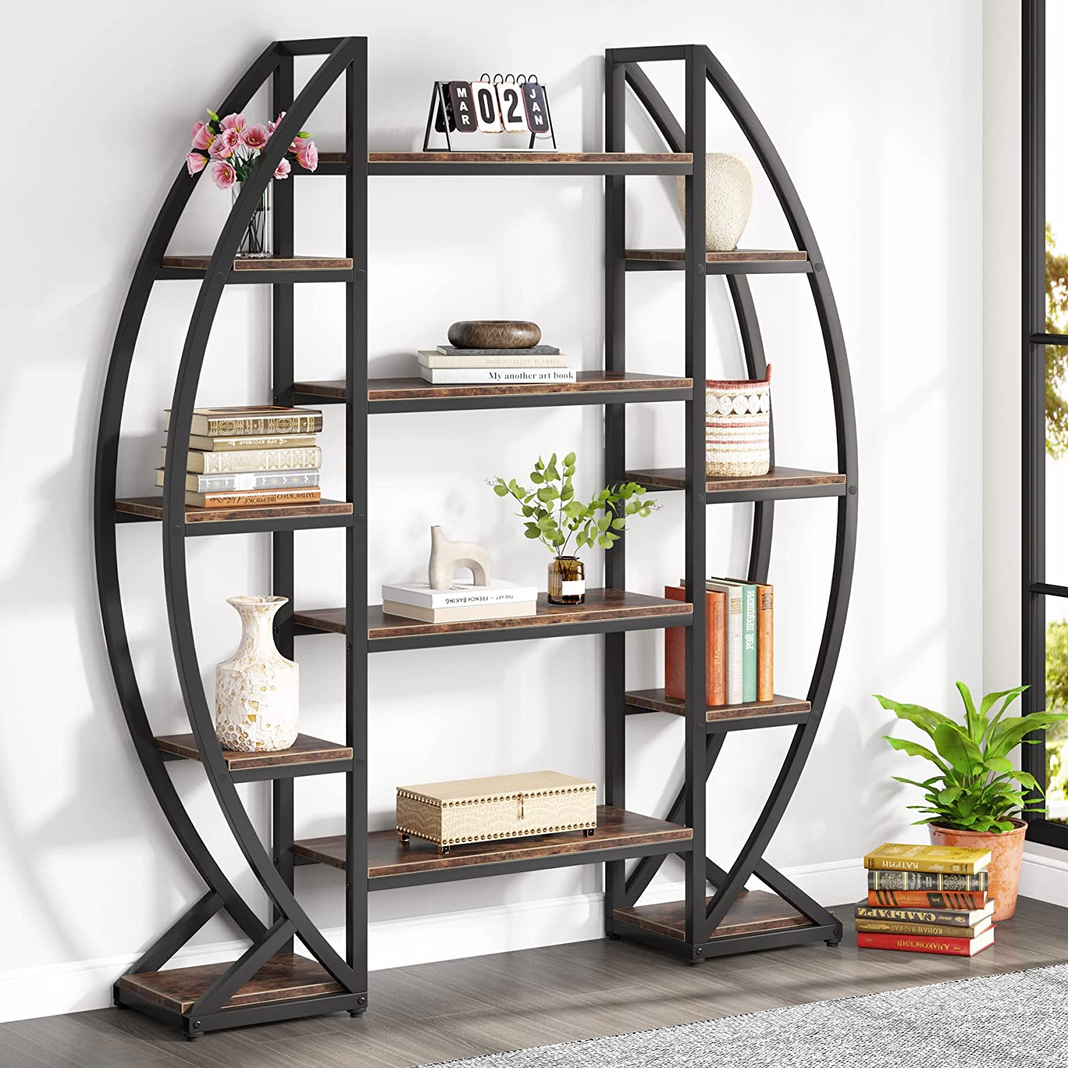 Tribesigns Industrial Bookshelf, Oval Triple Wide Etagere Bookcases Display Shelves