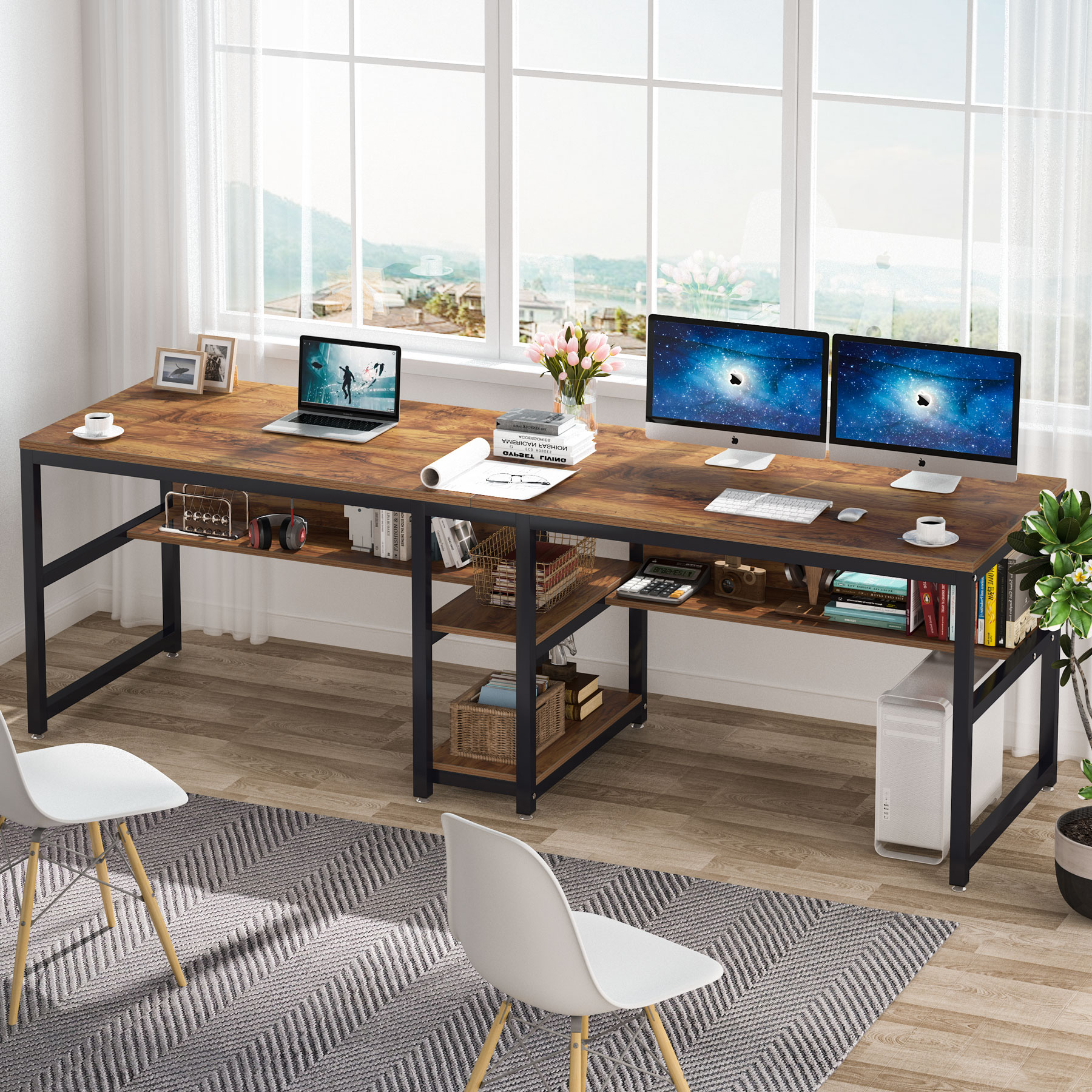 Tribesigns Two Person Desk, 78.7 Computer Double Desk with Bookshelf