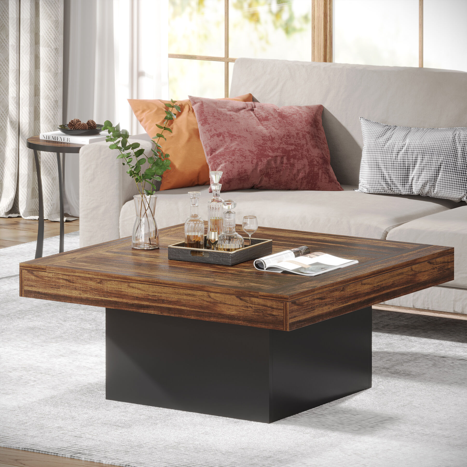 Tribesigns Square Coffee Table, Farmhouse Wood Cocktail Table with LED Light