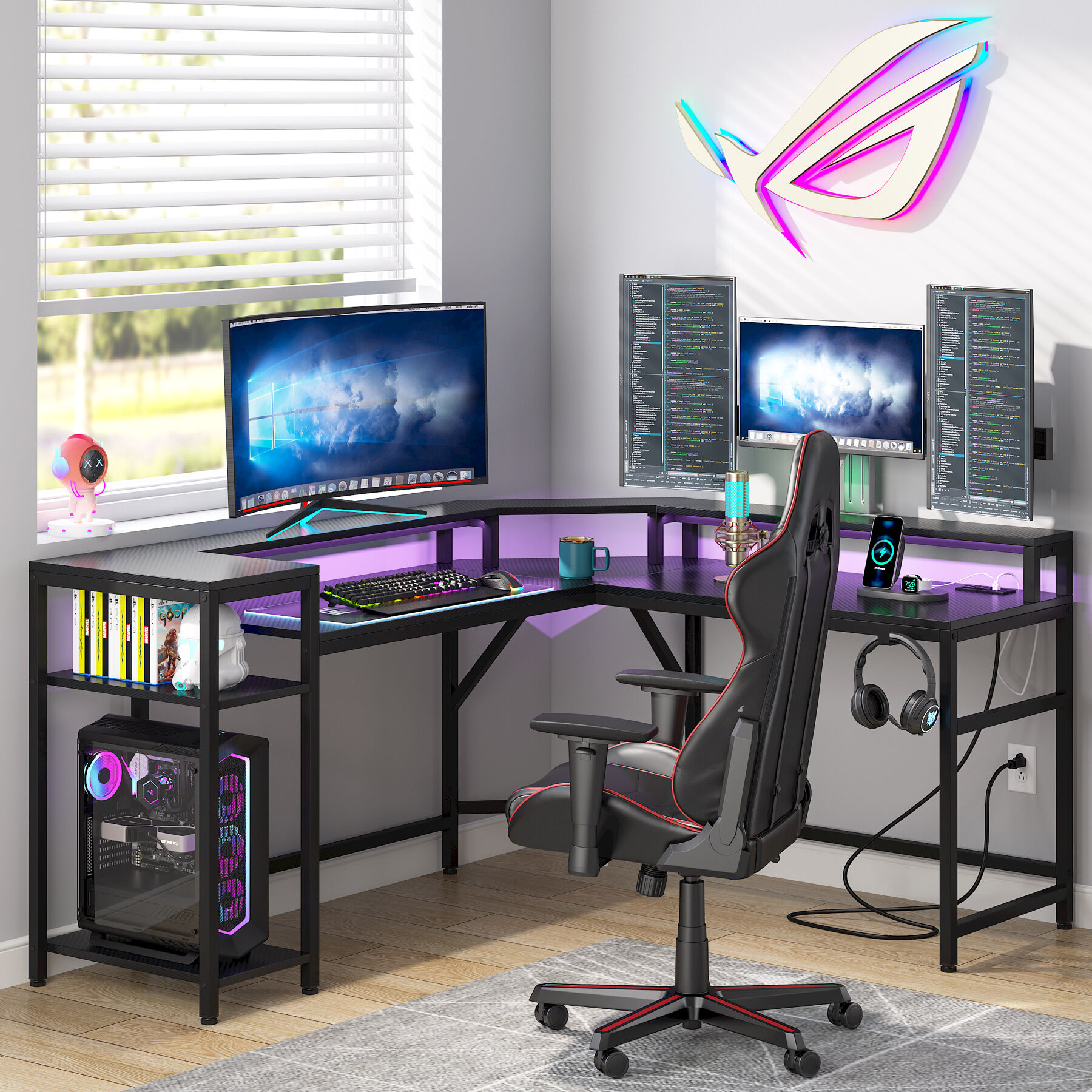 Tribesigns Gaming Desk, L-Shaped Computer Desk with Power Outlets & LED Strips 