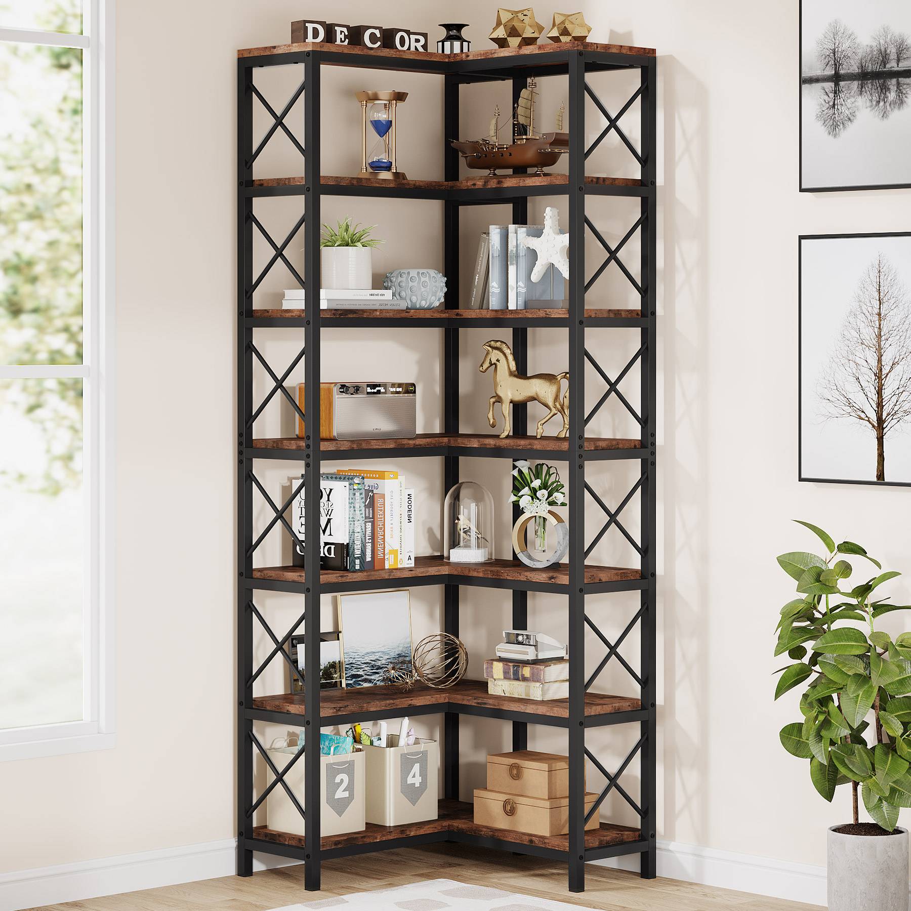 Tribesigns Corner Bookshelf, 7-Tier Tall Corner Bookcase Storage Display Rack 