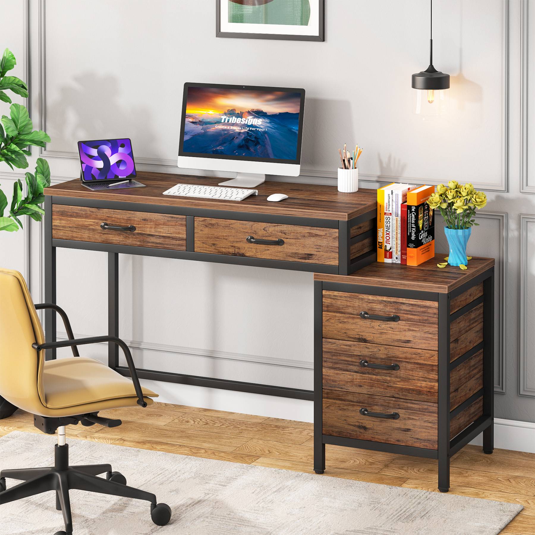 Tribesigns 5-Drawer Computer Desk, Study Writing Table with Reversible Drawer Cabinet