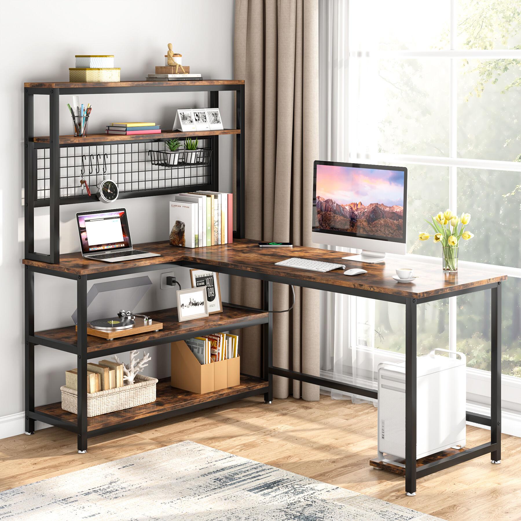 Tribesigns 55" Reversible L-Shaped Desk with Wireless Charging & Shelves