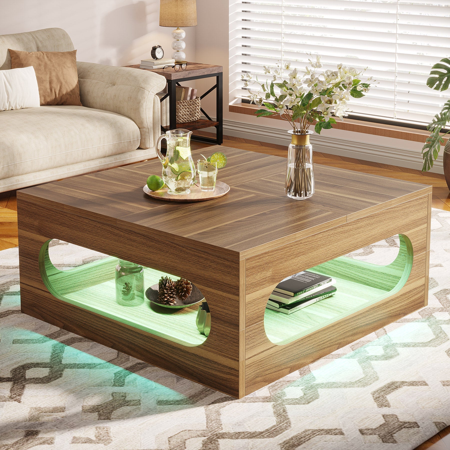 Tribesigns 2-Tier Coffee Table, Wood Square Center Tea Table with LED Strip Light