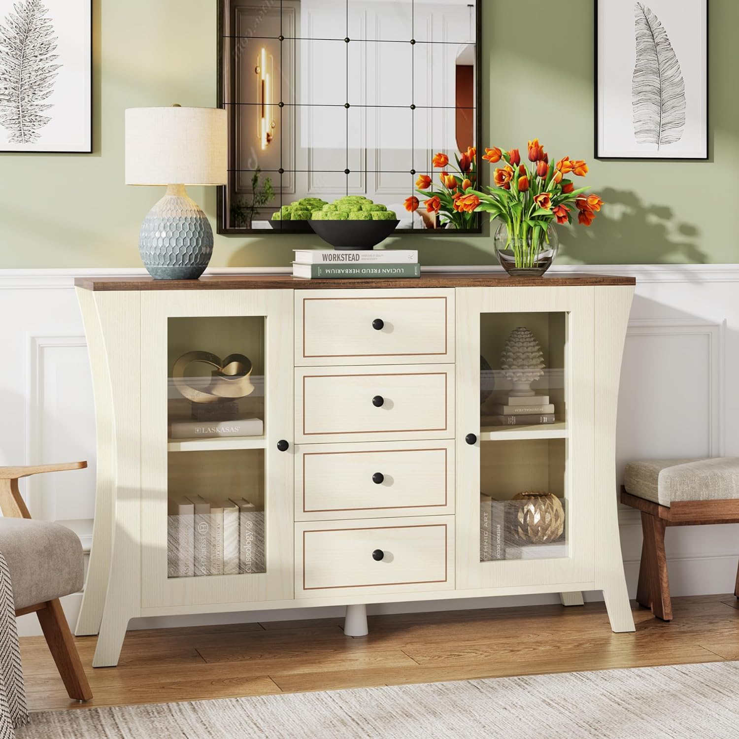 Tribesigns 51" Sideboard Buffet, Farmhouse Storage Cabinet with 4 Drawers and 2 Doors