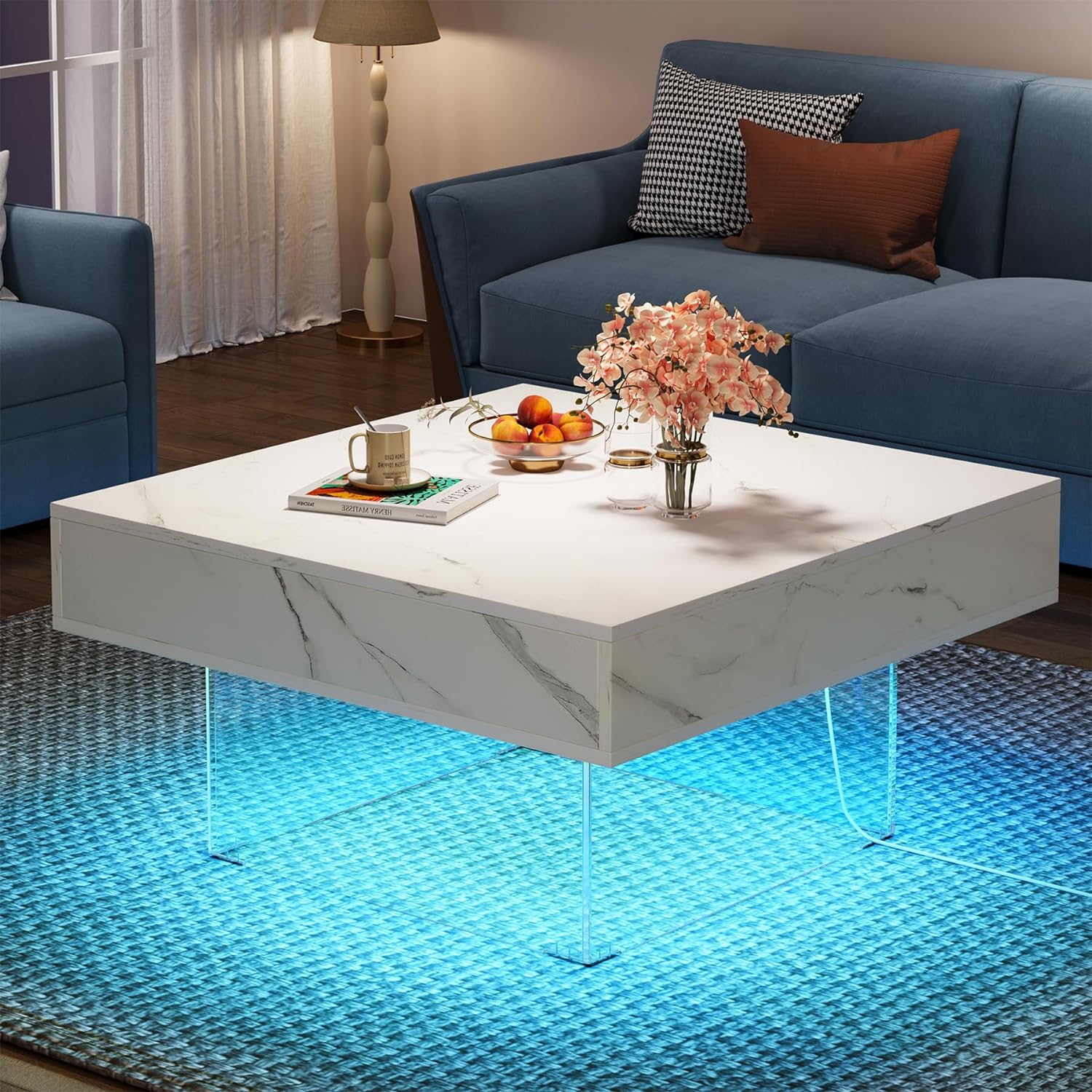Tribesigns Square LED Coffee Table, Modern Faux Marble Wood Center Table
