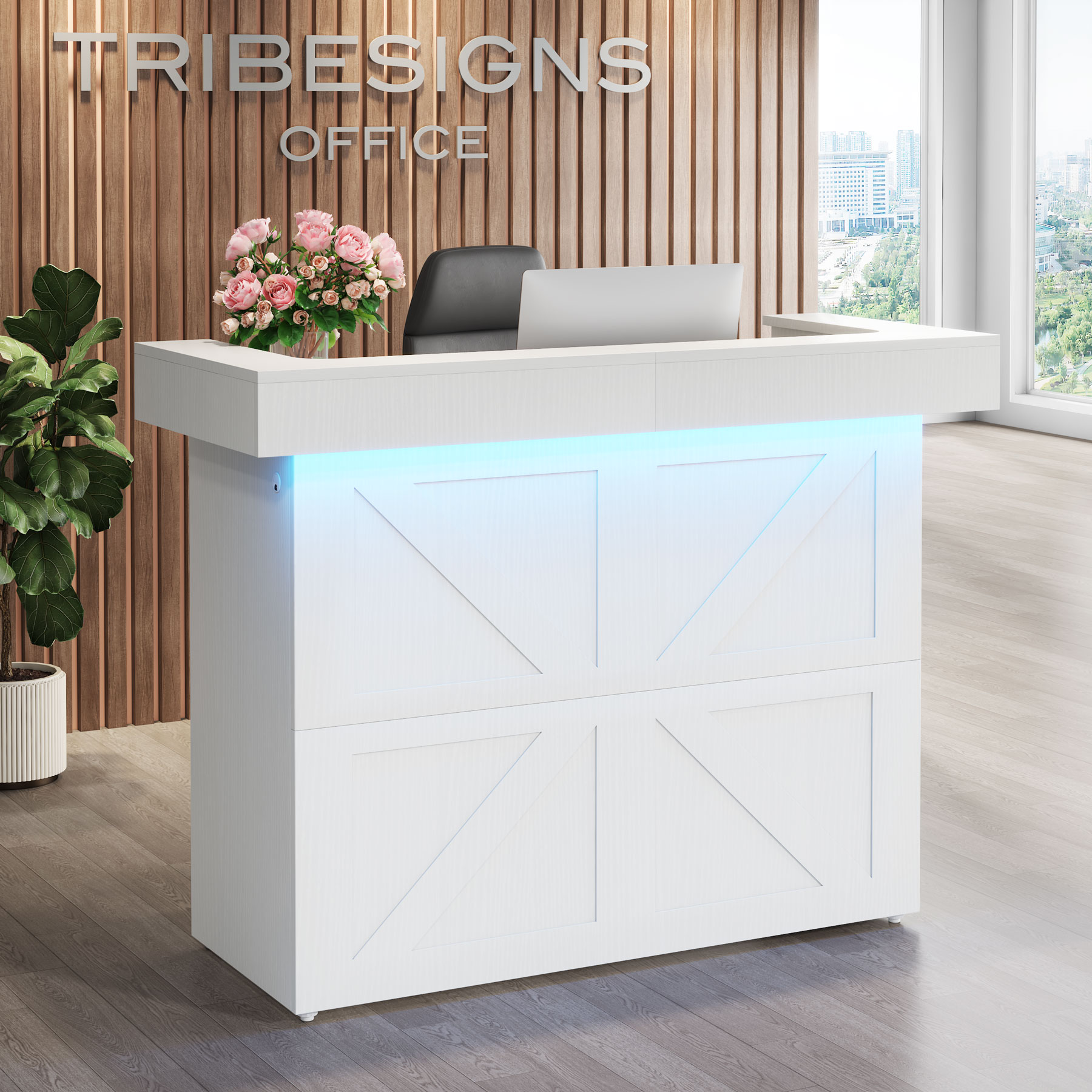 Tribesigns 55" Reception Desk, Modern Counter Table Front Desk with LED Lights