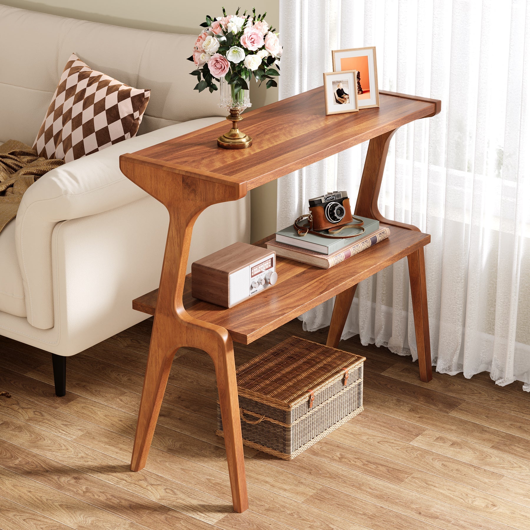 2-Tier End Table, Slim Sofa Side Table with Storage Shelf